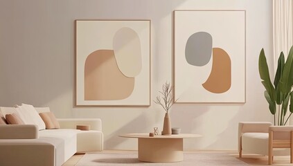 A minimalist living room with a white couch, a wooden coffee table, and two abstract paintings