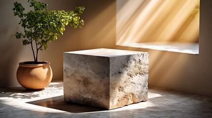 Minimalist scene with a stone cube, potted plant, sunlight, and serene atmosphere