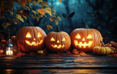 Carved Halloween pumpkins with candlelight on rustic wooden table autumn decoration