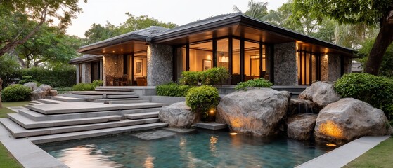 Modern Asian-Inspired Villa with Water Feature