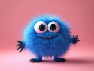cute blue fluffy monster with big eyes holding blank sign colorful cartoon character 3d render playful arms pink background