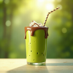 generative ai, A glass of thick and smooth avocado juice served cold, with a tempting soft green color. On top, sweet chocolate sauce flows slowly, forming an appetizing pattern. Ice cubes that are st