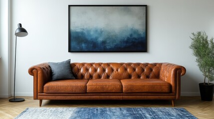 Fototapeta premium Brown leather chesterfield sofa with blue artwork and floor lamp