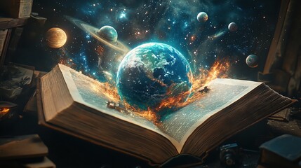 Open book revealing a vibrant Earth globe with planets and nebulae orbiting, cosmic atmosphere, surreal science and knowledge concept, Midjourney render