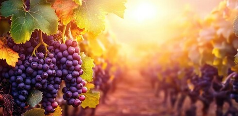 Fototapeta premium Autumn Vineyard with Ripe Grapes and Warm Sunlight