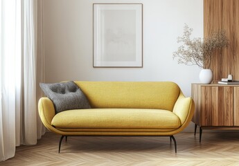 Modern living room with yellow sofa.  A cozy, stylish interior featuring a mustard-yellow sofa,  neutral walls, and a wooden cabinet.  A framed artwork hangs on the wall.  Natural light streams in