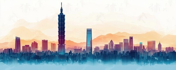 Fototapeta premium Minimalist Taipei Skyline with Transparent Layers and Pastel Gradients
