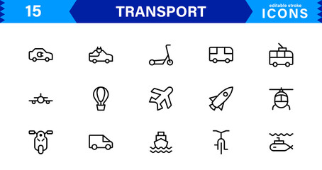 Modern Transport Icon Set Vector Illustration. Featuring Essential Vehicles, Infrastructure, and Travel Symbols for Professional Transport Designs.