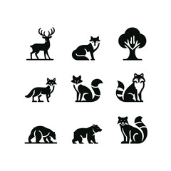 Obraz premium Silhouette vector logo set of forest animals including deer, fox, raccoon, squirrel, and bear in black on white background, modern flat icon look 
