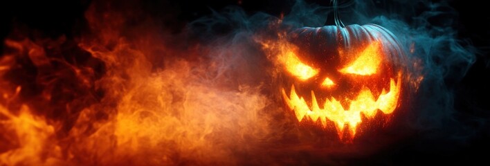 Sinister glowing jack o lantern with fiery eyes and mouth surrounded by mystical smoke dark gothic style halloween pumpkin horror eerie night