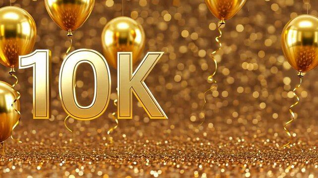 Golden celebration with floating balloons and 10k glittering text