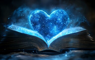 Blue starry heart atop an open book, glowing with ethereal stardust, enchanting and romantic scene, magical and celestial, AIgenerated design