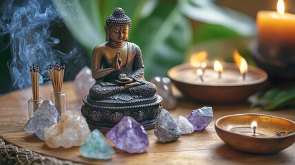 Tranquil Buddha Statue with Crystals and Burning Incense in Serene Setting