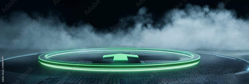 Poster futuristic green arrow floating above a hovering platform scene