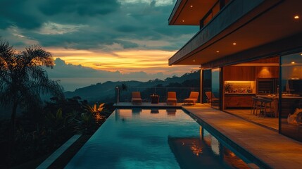 Fototapeta premium Luxury Mountaintop Pool Home Sunset