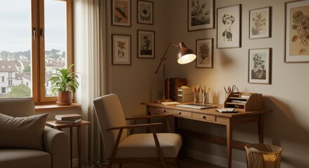Cozy Home Office with Wooden Desk and Vintage Chair