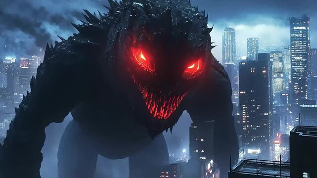 Giant creature with glowing eyes towering over a city skyline at night, casting shadows on buildings