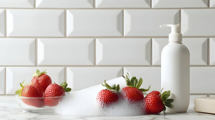 mockup white bottle with strawberry fruit extract