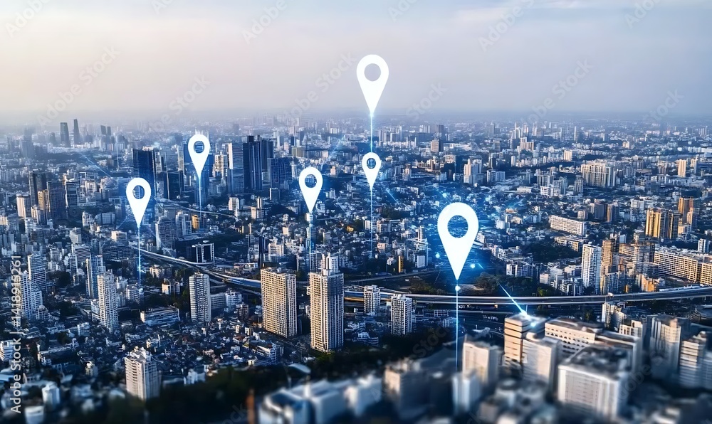 Poster an aerial view of a modern city with multiple location pins connected by lines, symbolizing intercon