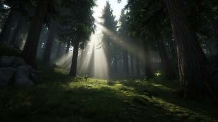 Obraz premium Sunlight streams through misty forest, tranquil woodland scene