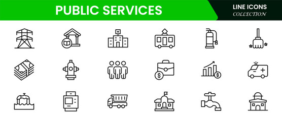 Public Services, service. Set of line icons in linear style. Electricity, water supply, gas supply, drainage, garbage removal, major repairs, heating, cold, hot water. Outline conceptual pictogram