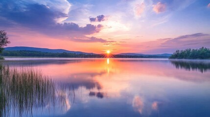 Fototapeta premium Serene Sunset over Calm Lake and Mountains