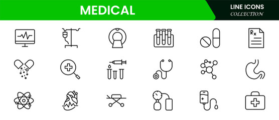 Medicine and Health symbols - minimal thin line web icon set. Outline icons collection. Simple vector illustration. Vector illustration web line icon collection