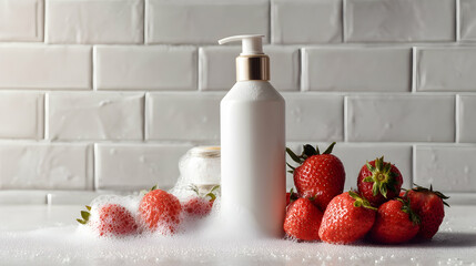 mockup white bottle with strawberry fruit extract