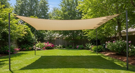 Beige Rectangular Shade Cloth in Green Backyard