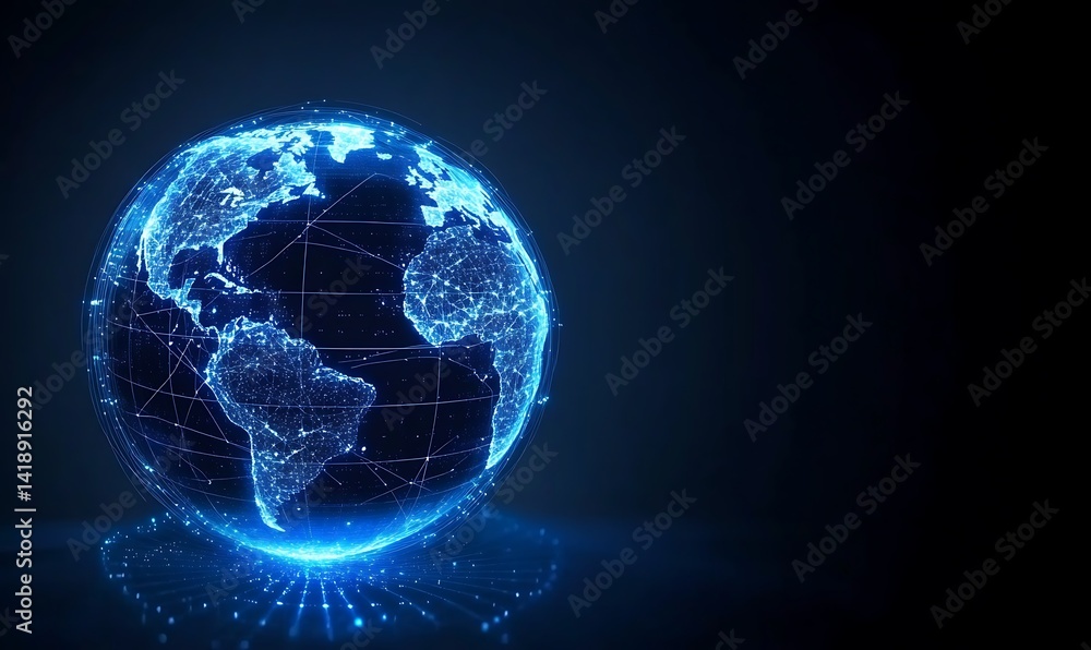 Poster the globe is illuminated with digital connections, showcasing global data networks in a striking blu