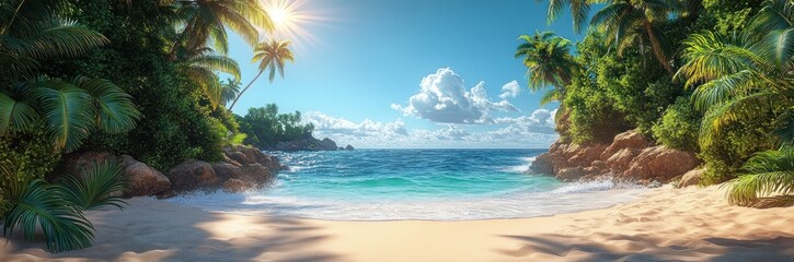 Obraz premium Tropical Beach Panorama with Palm Trees and Sunny Blue Sky