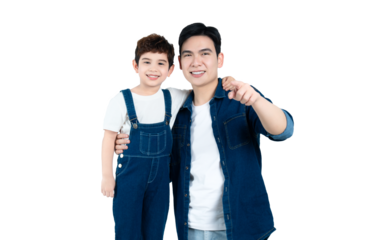 portrait of asian father and son posing on white background