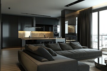 Modern, Dark, Open-Concept Kitchen-Living Area