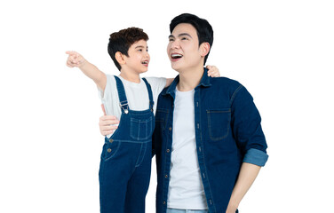 portrait of asian father and son posing on white background