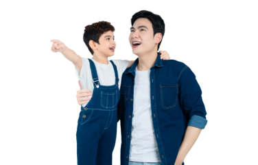 portrait of asian father and son posing on white background