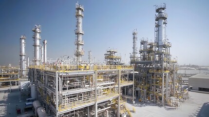 Breathtaking twilight scene of an industrial refinery with a deep blue sky and shimmering metallic pipes creating a captivating and atmospheric landscape