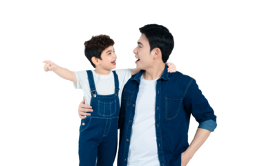 portrait of asian father and son posing on white background