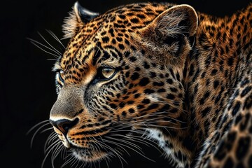 Obraz premium Stunning close-up of a leopard set against a dark background.