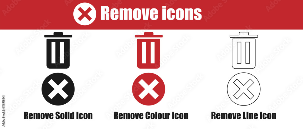 Poster remove icon in color and silhouette solid and line style.
