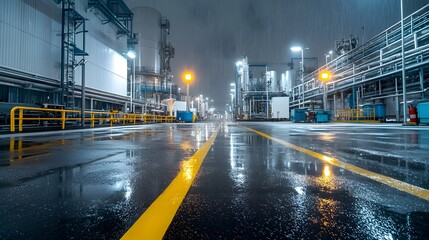 Oil Refinery Safety Drill Scenario with Flashing Emergency Lights Protective Gear and Emergency Response Procedures