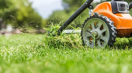 Detailed Close Up of a Manual Grass Cutter Blade Shearing Through Thick Overgrown Grass and Foliage in a Rural Landscape  The Sharpened Steel Blade Efficiently Trims and Maintains the Vegetation