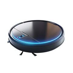 Futuristic Robotic Vacuum Cleaner with Sleek Black and Silver Design Featuring Blue LED Lights