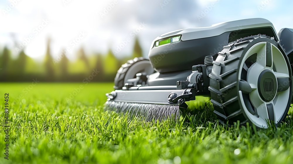 Poster close up view of a high tech robotic lawnmower s rotating blade effortlessly slicing through a vibra