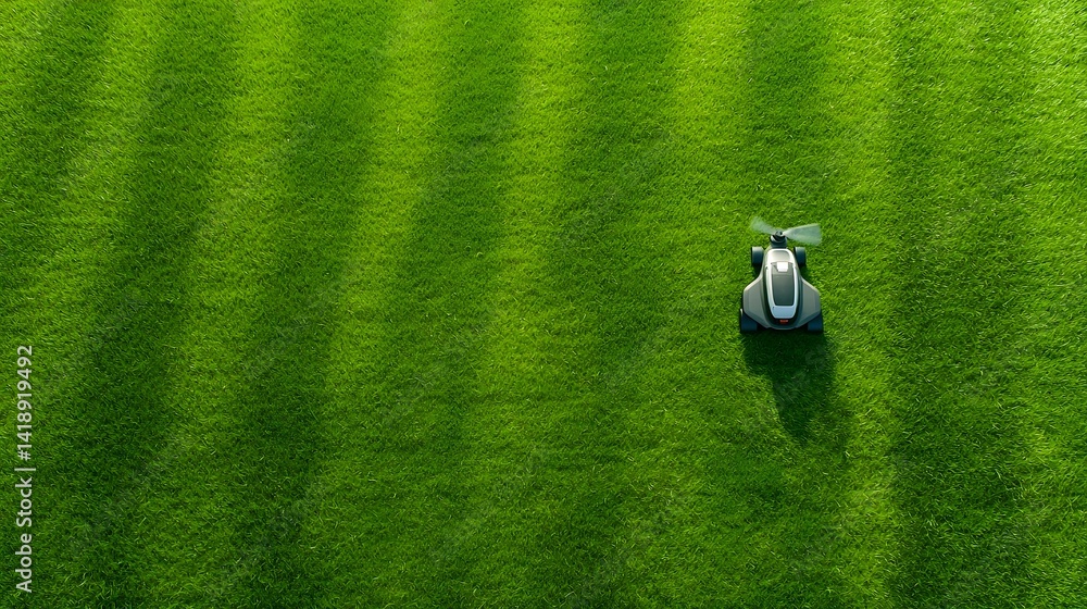Poster detailed view of a robotic lawnmower s rotating blade precisely cutting through a lush green grassy 
