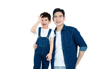 portrait of asian father and son posing on white background