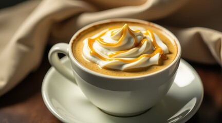 Creamy coffee topped with whipped cream and caramel drizzle in a white cup on a wooden table, creating a cozy and inviting atmosphere