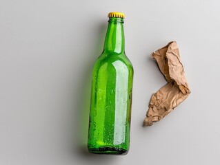Refreshing Green Beer Bottle with Yellow Cap and Crumpled Paper Bag Studio Shot