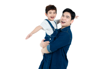 portrait of asian father and son posing on white background
