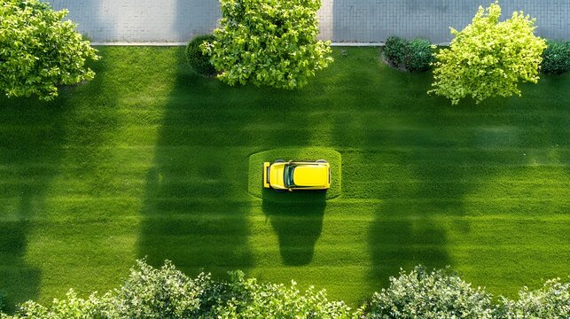 Overhead aerial view of a beautifully manicured backyard garden featuring a precise geometric lawn mowing pattern  The neat orderly design creates a soothing tranquil atmosphere