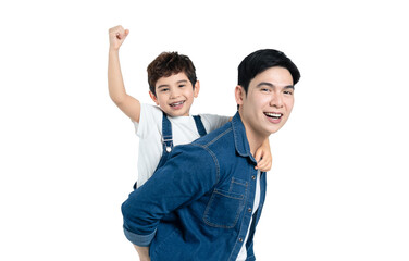 portrait of asian father and son posing on white background